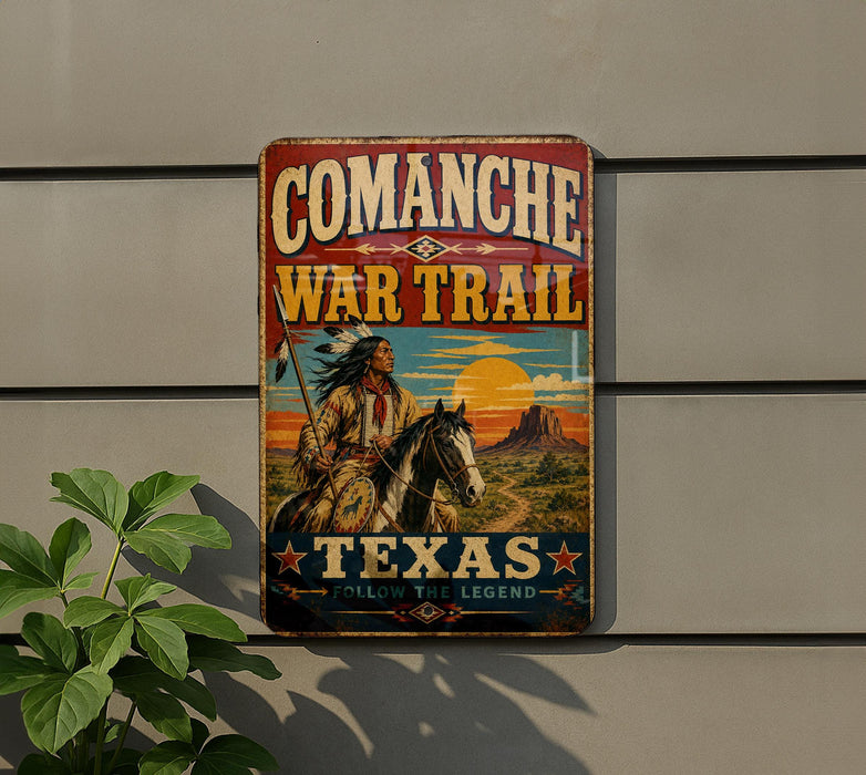 a vintage metal sign with a cowboy on horseback, advertising the Comanche War Trail in Texas.