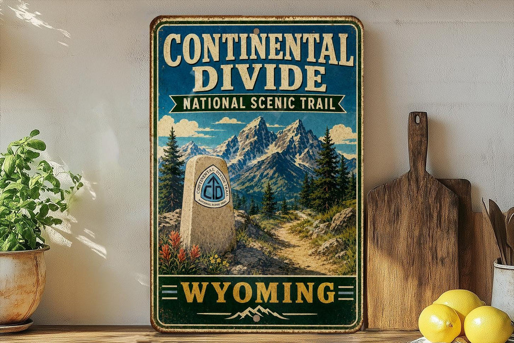 A vintage-style metal sign for the Continental Divide National Scenic Trail in Wyoming, featuring a mountain landscape and a trail marker.
