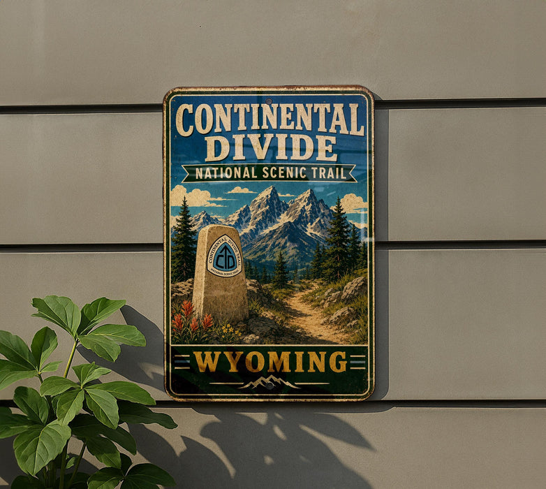 A metal sign on a wall that reads "Continental Divide National Scenic Trail Wyoming", depicting a scenic mountain landscape with a trail marker.
