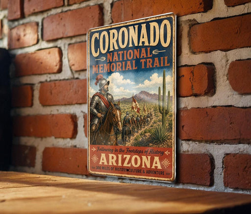 a vintage metal sign for the Coronado National Memorial Trail, mounted on a brick wall.
