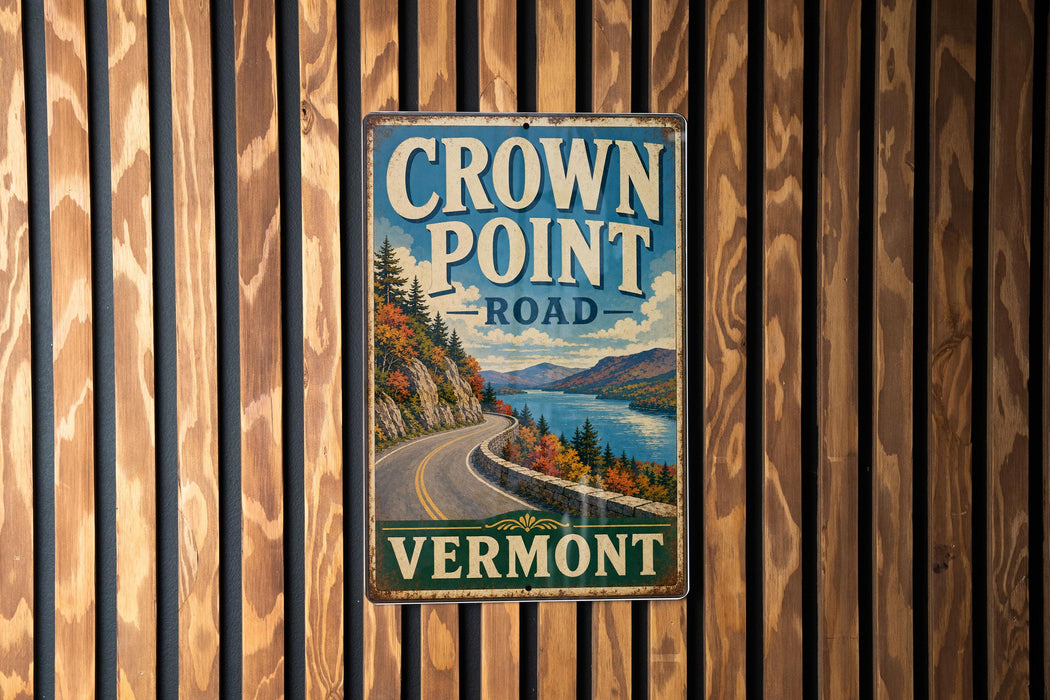 A vintage metal sign for the Crown Point Road in Vermont, featuring a scenic mountain landscape with a winding road and a lake.