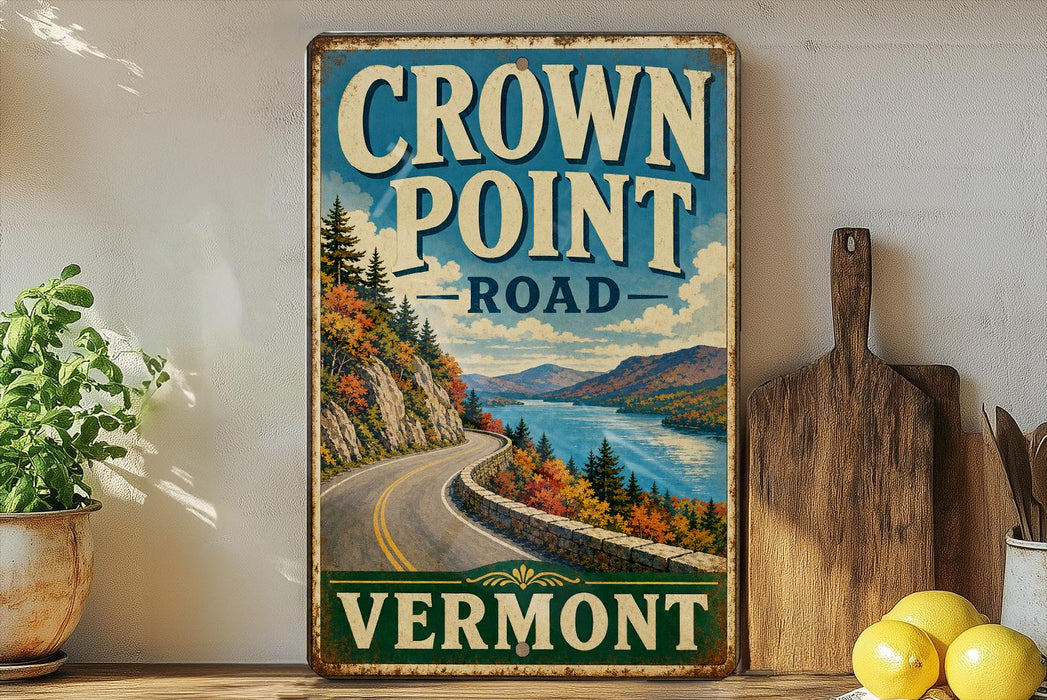 A vintage-style sign for the Crown Point Road in Vermont, featuring a scenic mountain landscape with a winding road and a lake.