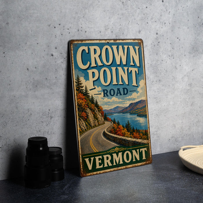 A vintage metal sign for the Crown Point Road in Vermont, featuring a scenic road surrounded by mountains and a lake.