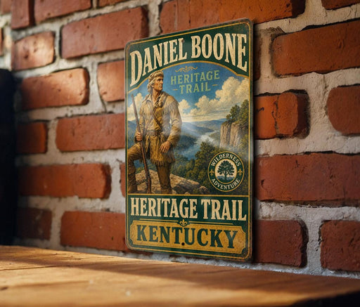 A vintage-style metal sign for the Daniel Boone Heritage Trail in Kentucky, featuring a man in a historical outfit and a scenic mountain landscape.