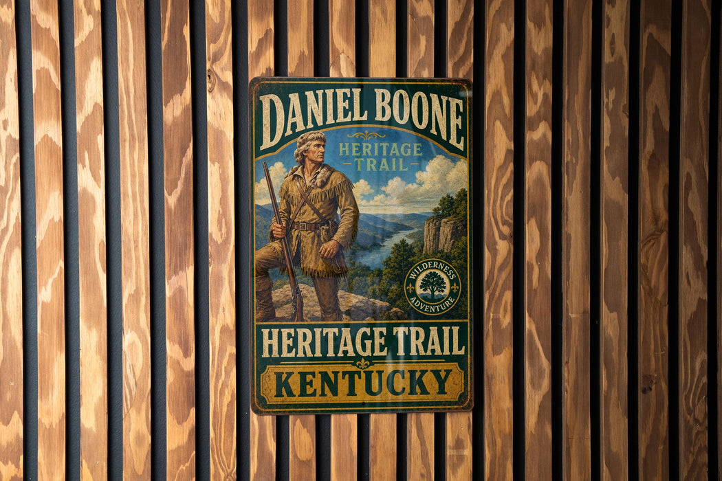 A vintage-style metal sign for the Daniel Boone Heritage Trail in Kentucky, featuring an illustration of a man in traditional clothing and a mountainous landscape.