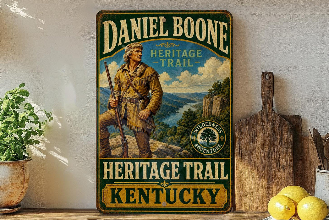 A vintage-style metal sign for the Daniel Boone Heritage Trail in Kentucky, featuring a depiction of a man in traditional clothing and a rifle.
