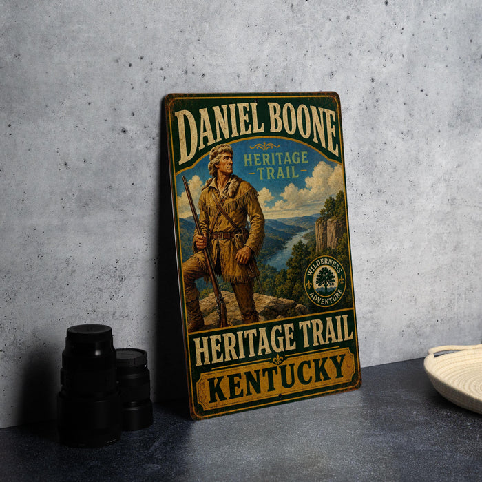 A vintage metal sign for the Daniel Boone Heritage Trail in Kentucky, featuring a man in a hunting outfit and a mountain landscape.