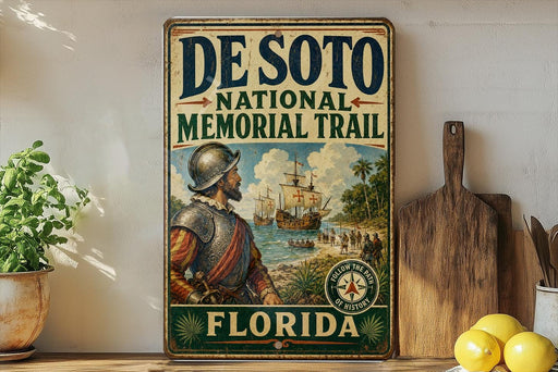 A vintage-style metal sign for the De Soto National Memorial Trail in Florida, featuring a painting of a man in historical attire and a depiction of a ship on the water.