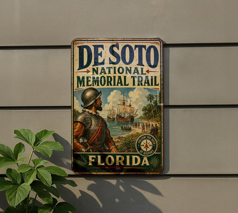 A vintage metal sign for the De Soto National Memorial Trail in Florida, featuring a historical illustration of a man in period attire and a ship in the background.
