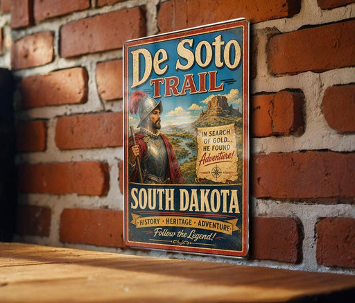 A vintage-style sign for the De Soto Trail in South Dakota, featuring a knight in armor and a mountain landscape.