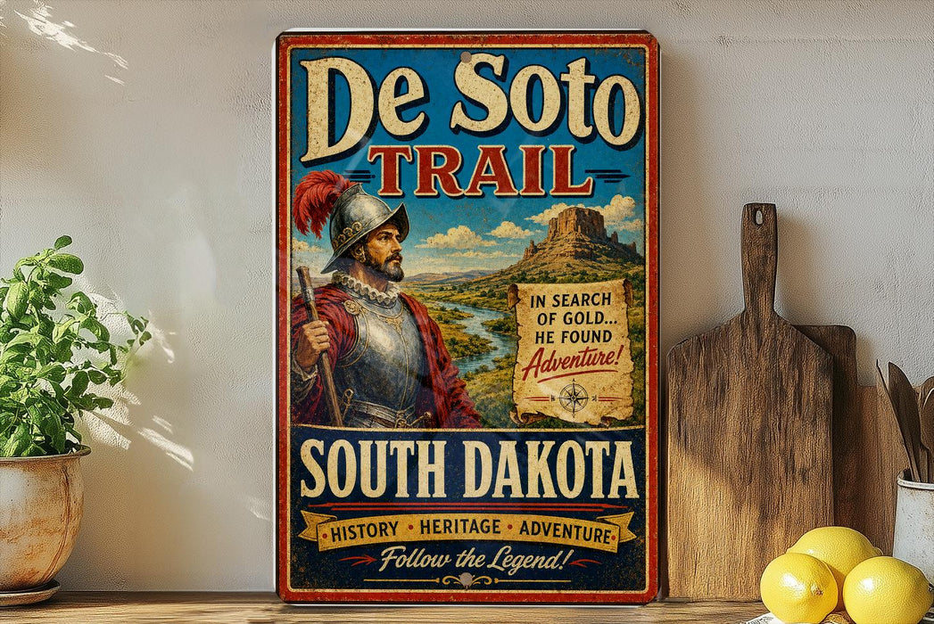 A vintage-style metal sign advertising the De Soto Trail in South Dakota, featuring a knight in armor and a mountainous landscape.