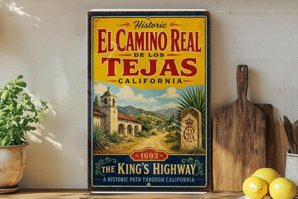 A vintage-style poster advertising the historic El Camino Real in Los Tejas, California, featuring a scenic illustration of a road leading to a church and mountains.