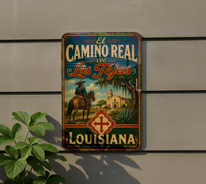 A vintage-style metal sign with a cowboy on a horse, advertising "El Camino Real de los Tejas Louisiana".