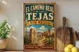 a vintage-style poster advertising the Camino Real, a historic trail in New Mexico, with a desert landscape and a cactus in the foreground.