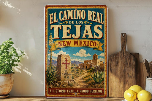 a vintage-style poster advertising the Camino Real, a historic trail in New Mexico, with a desert landscape and a cactus in the foreground.