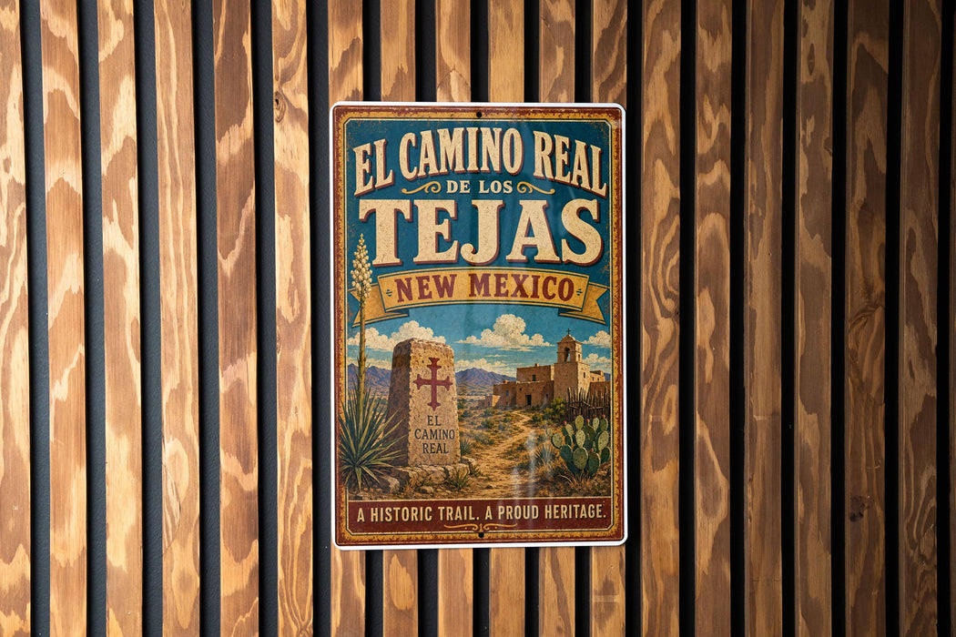 A vintage-style sign for the El Camino Real trail in Tejas, New Mexico, featuring a desert landscape with a cactus and a historic building.
