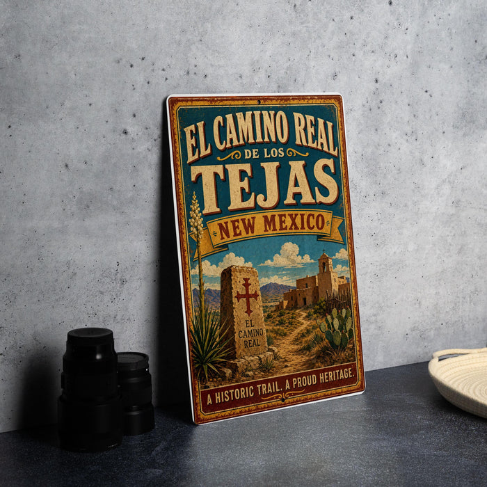 A vintage-style metal sign for the Camino Real, a historic trail in New Mexico, featuring a desert landscape with a cactus and a building.