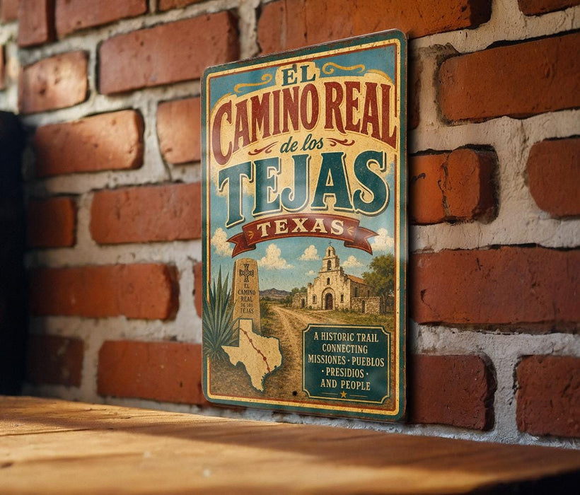 A vintage-style metal sign with the text "EL CAMINO REAL de los TEJAS TEXAS" is displayed on a brick wall.