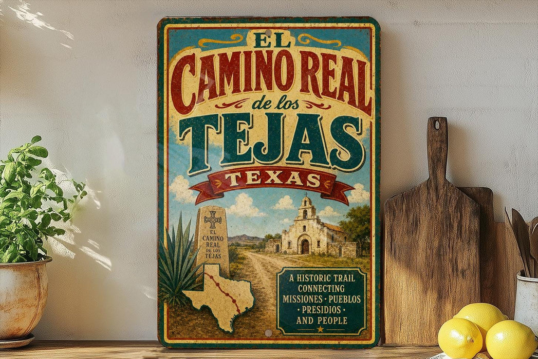 A vintage-style sign for the Camino Real trail in Tejas, Texas, featuring a map of the region and a historical marker.