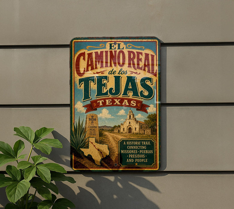 A vintage-style sign for "El Camino Real de los Tejas, Texas" is displayed on a wall, featuring a scenic illustration of a historic landmark.