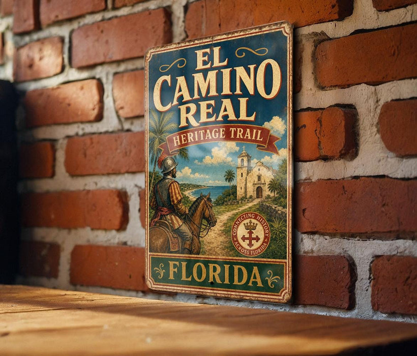 A vintage-style metal sign for the El Camino Real Heritage Trail in Florida, featuring a historical illustration of a man on horseback and a church in the background.