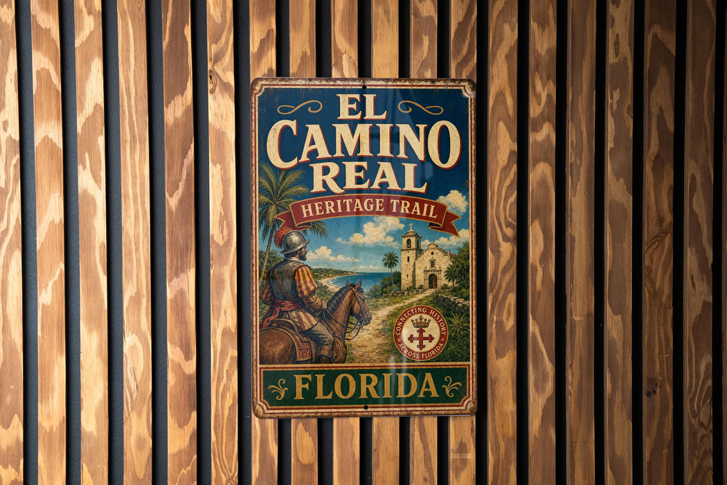 A vintage metal sign for the "El Camino Real Heritage Trail" in Florida, featuring a historical illustration of a person on horseback and a church in the background.