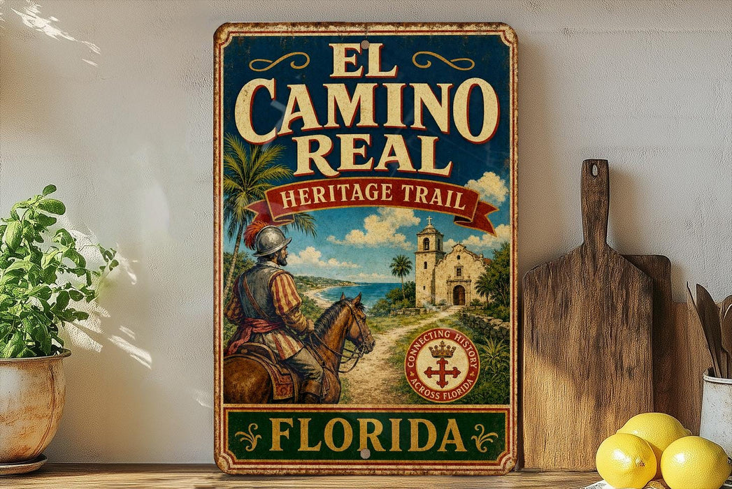 A vintage-style metal sign for the "El Camino Real Heritage Trail" in Florida, featuring a man on horseback and a scenic landscape.