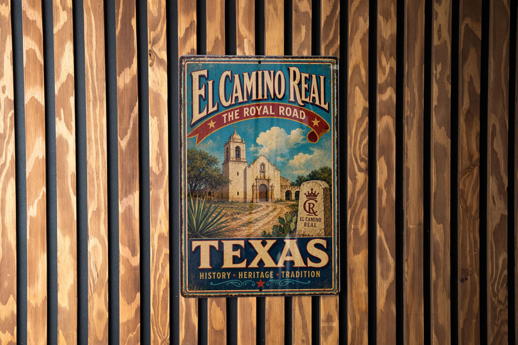 A vintage-style metal sign for El Camino Real, the Royal Road in Texas, featuring a church and a road.
