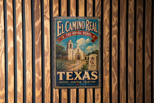 A vintage-style metal sign for El Camino Real, the Royal Road in Texas, featuring a church and a road.