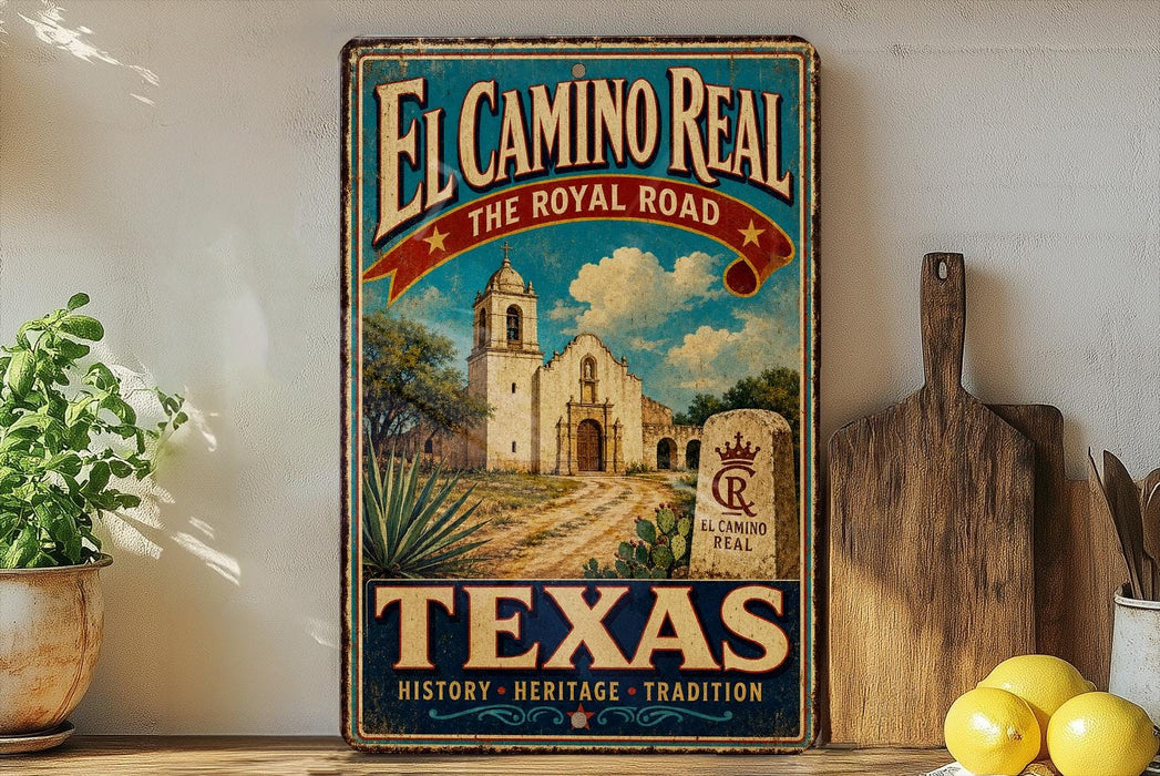 A vintage-style sign for El Camino Real, the Royal Road in Texas, featuring a painting of a historic building and a road leading to it.
