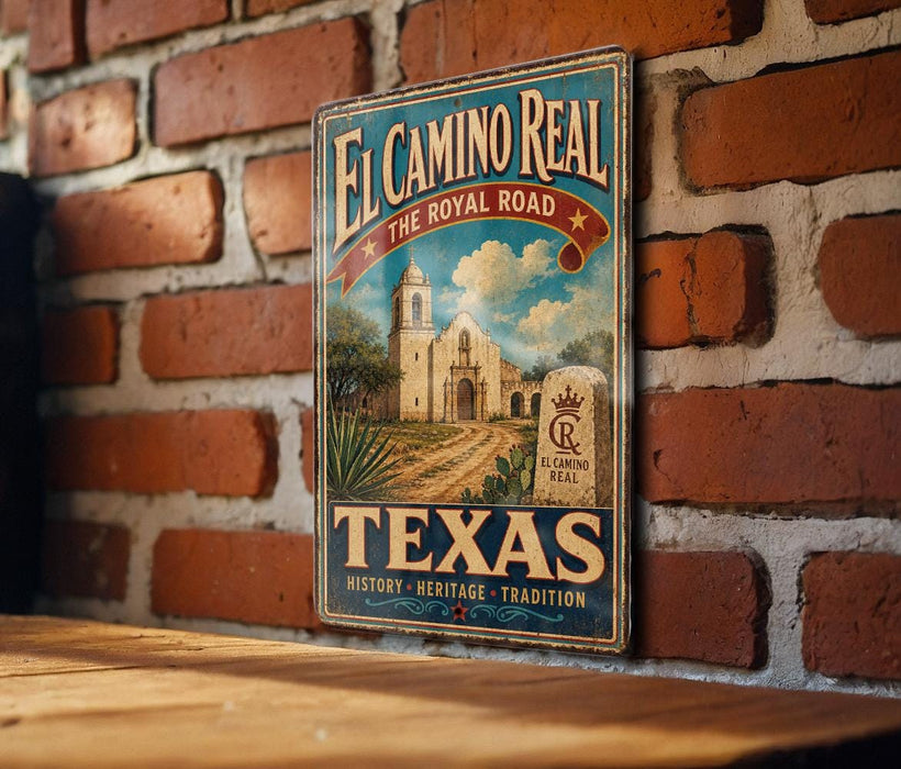 A vintage-style metal sign with the text "El Camino Real" and "The Royal Road" hangs on a brick wall.