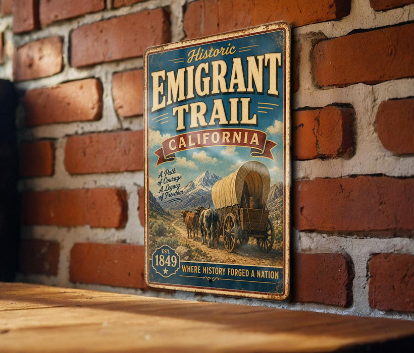 A vintage-style metal sign on a brick wall, advertising the historic Emigrant Trail in California.