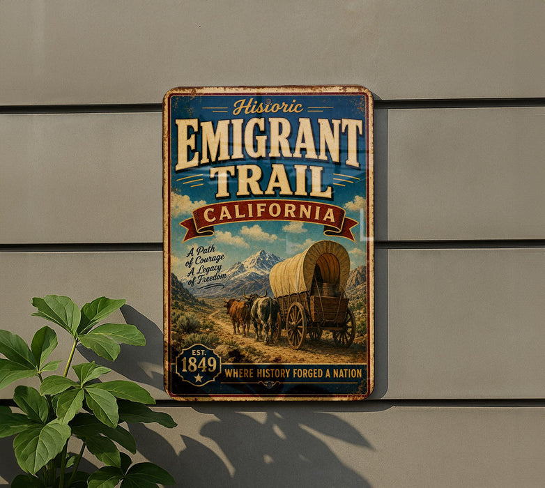 A vintage metal sign for the Historic Emigrant Trail in California, featuring an illustration of a covered wagon and mountains in the background.