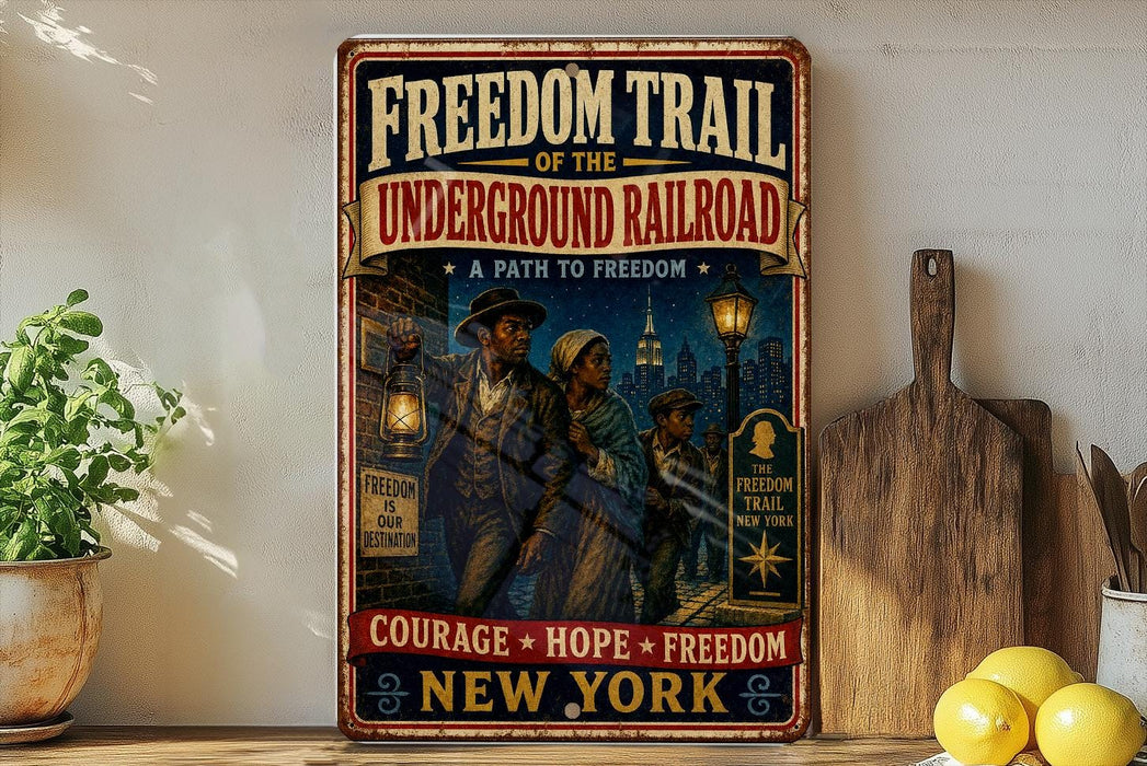a vintage-style poster titled "Freedom Trail of the Underground Railroad" with illustrations of people and a cityscape, along with the text "Courage * Hope * Freedom * New York".