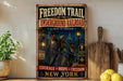 a vintage-style poster titled "Freedom Trail of the Underground Railroad" with illustrations of people and a cityscape, along with the text "Courage * Hope * Freedom * New York".