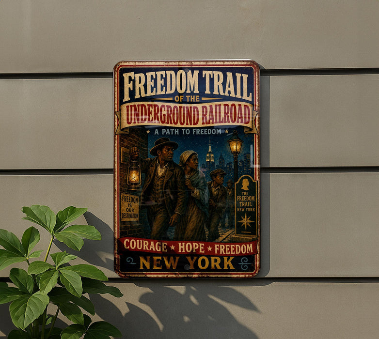a vintage-style sign for the "Freedom Trail of the Underground Railroad", which is a path to freedom for escaped slaves.