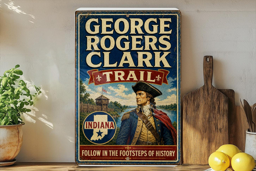 A vintage-style metal sign featuring the name "GEORGE ROGERS CLARK" and the title "TRAIL" along with an illustration of a man in military attire. The sign is displayed on a wooden shelf, with a potted plant and a wooden cutting board visible in the background.