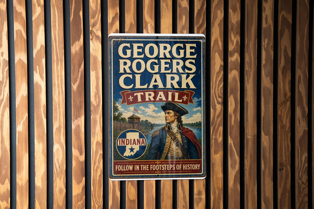 A vintage-style metal sign with the name "GEORGE ROGERS CLARK" and the title "TRAIL" displayed prominently. The sign also includes the text "INDIANA" and "FOLLOW IN THE FOOTSTEPS OF HISTORY".