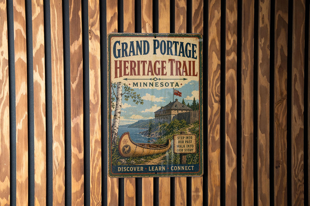 A vintage-style metal sign for the Grand Portage Heritage Trail in Minnesota, featuring an illustration of a canoe and a cabin in a scenic landscape.