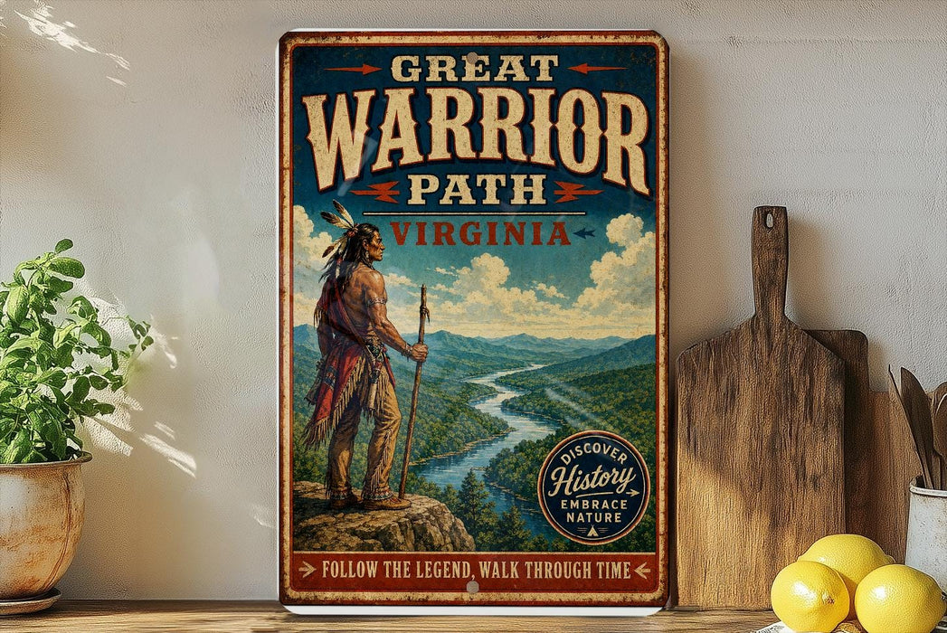 a vintage-style metal sign with a Native American figure standing on a cliff overlooking a river, surrounded by mountains and a lush green landscape.