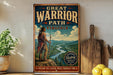 a vintage-style metal sign with a Native American figure standing on a cliff overlooking a river, surrounded by mountains and a lush green landscape.