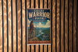 A vintage-style metal sign with the text "GREAT WARRIOR PATH VIRGINIA" and an illustration of a Native American man standing on a cliff overlooking a river.
