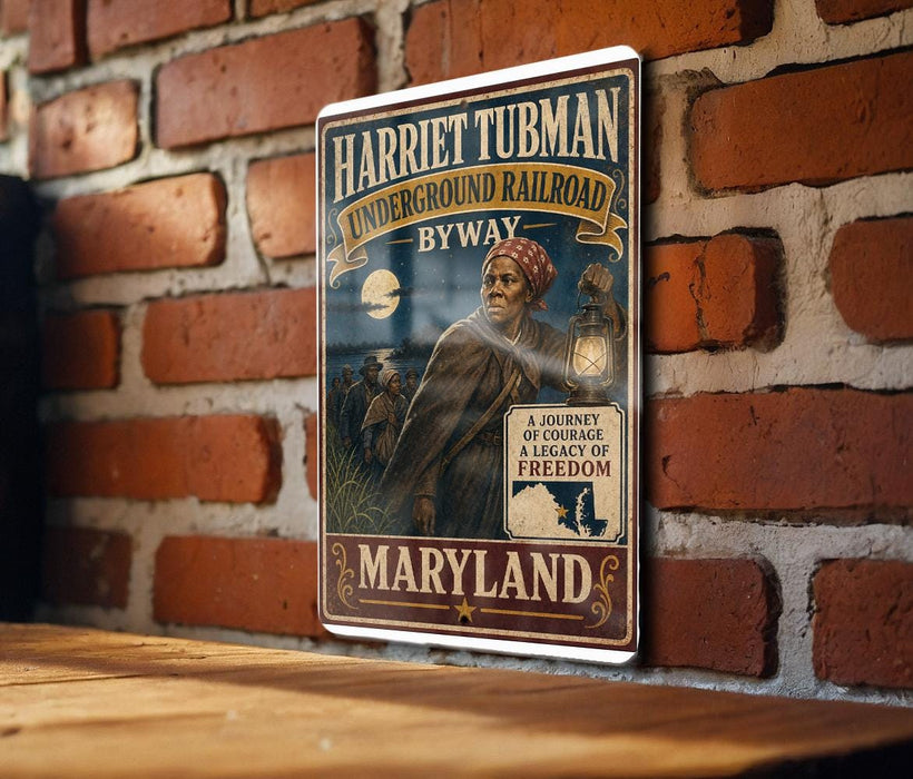 A vintage-style poster of Harriet Tubman, the famous Underground Railroad leader, is displayed on a brick wall.