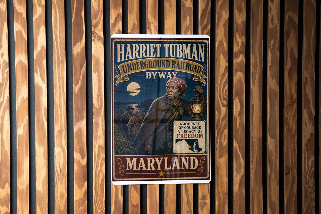 A vintage-style poster of Harriet Tubman, the famous Underground Railroad leader, is displayed on a wooden wall.
