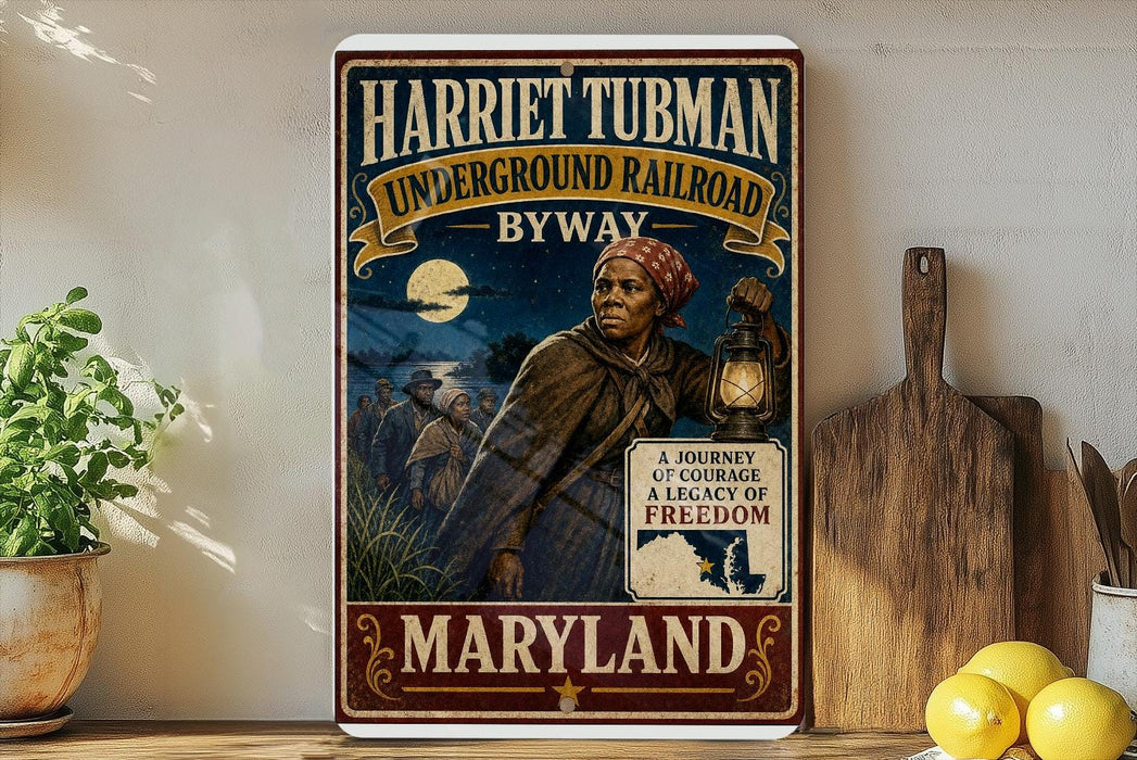 A vintage-style poster of Harriet Tubman, the Underground Railroad, and a map of Maryland, with a wooden paddle and lemons on a shelf in the foreground.