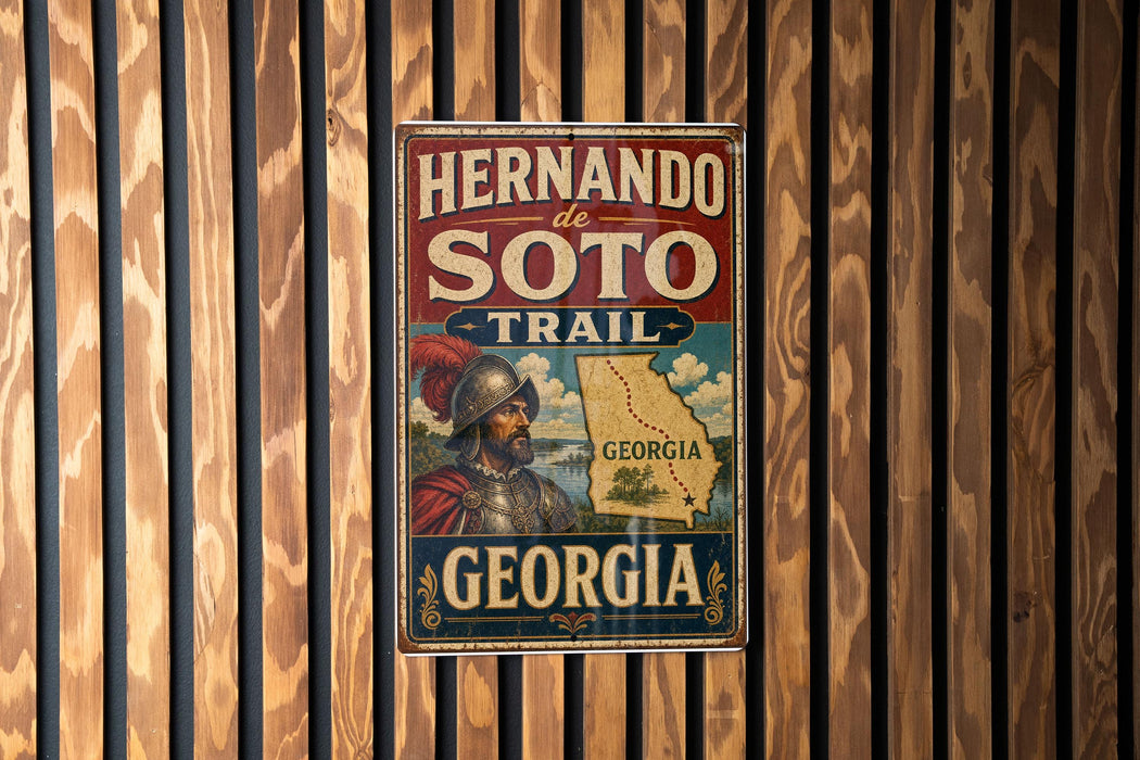 A vintage-style metal sign with the text "HERNANDO DE SOTO TRAIL GEORGIA" and an illustration of a man in a historical-looking outfit.
