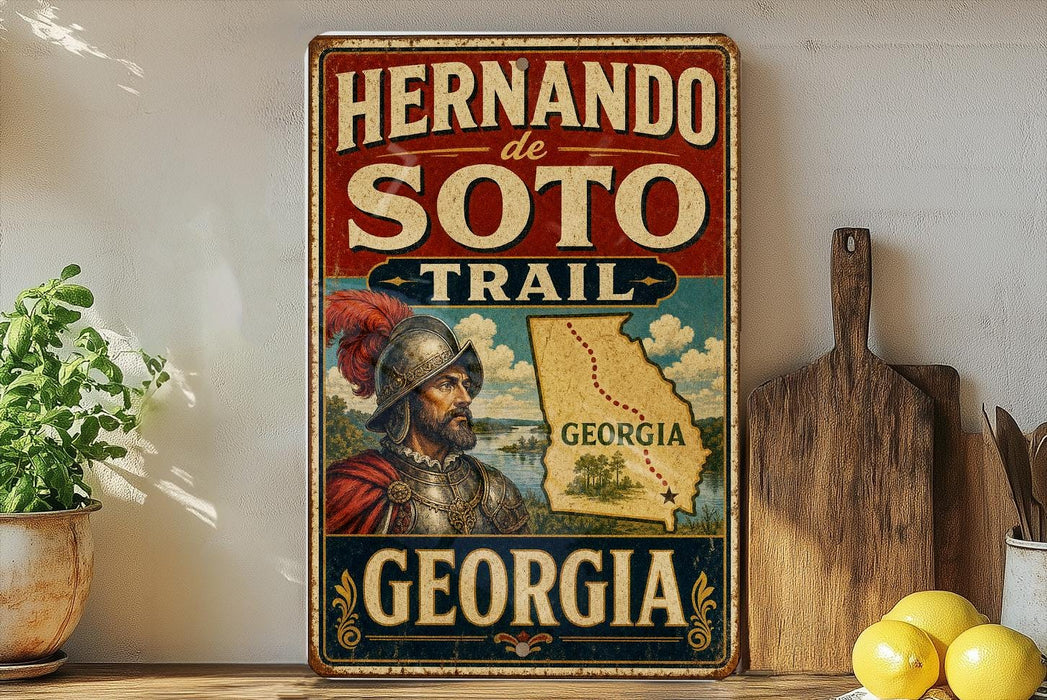 A vintage-style metal sign for the Hernando de Soto Trail in Georgia, featuring a map and a portrait of a man in historical attire.