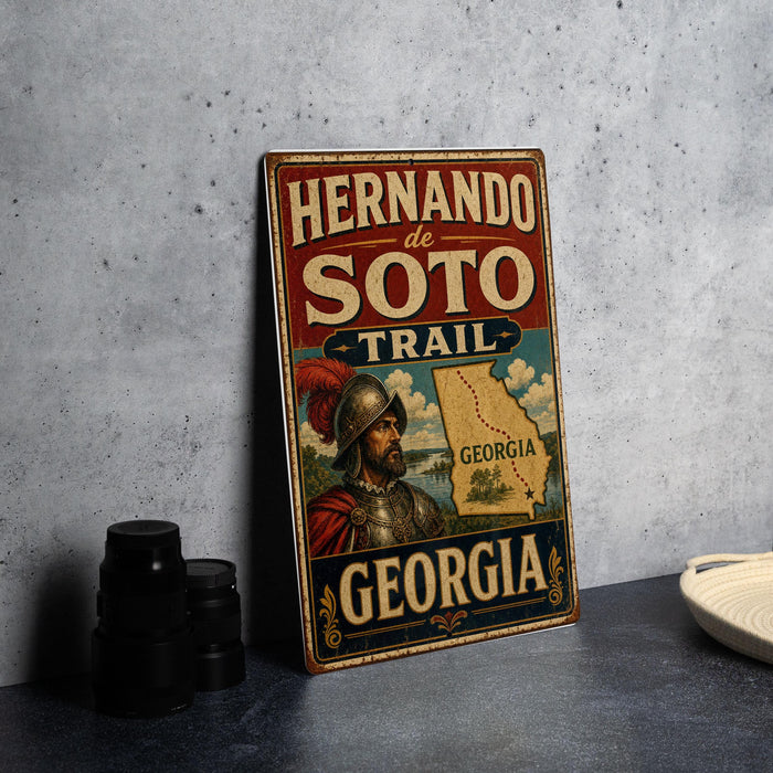 A vintage-style metal sign for the Hernando de Soto Trail in Georgia, featuring a map and a figure in historical attire.