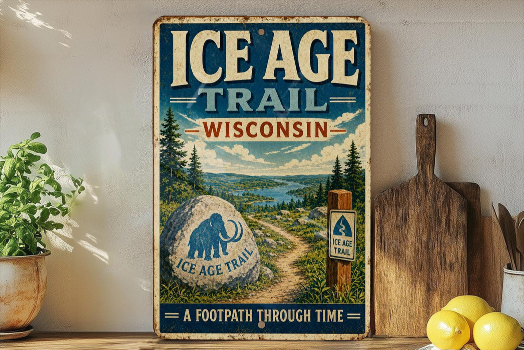 A vintage-style sign for the Ice Age Trail in Wisconsin, featuring a scenic landscape with a path leading through time.
