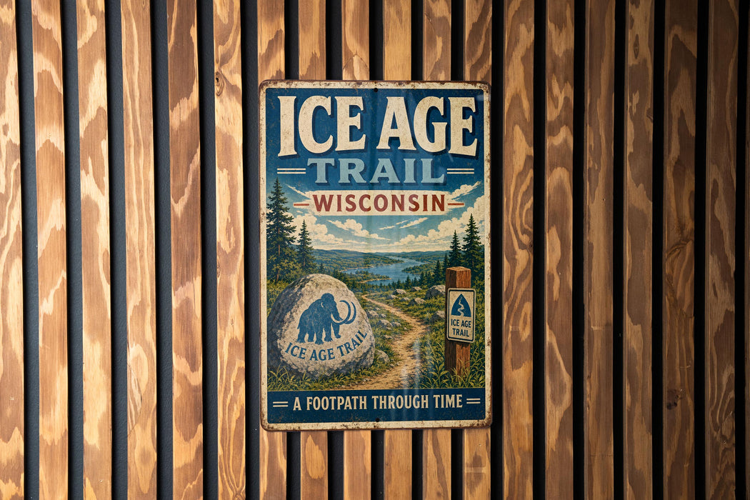 A vintage metal sign for the Ice Age Trail in Wisconsin, featuring a scenic illustration of a trail surrounded by trees and mountains.